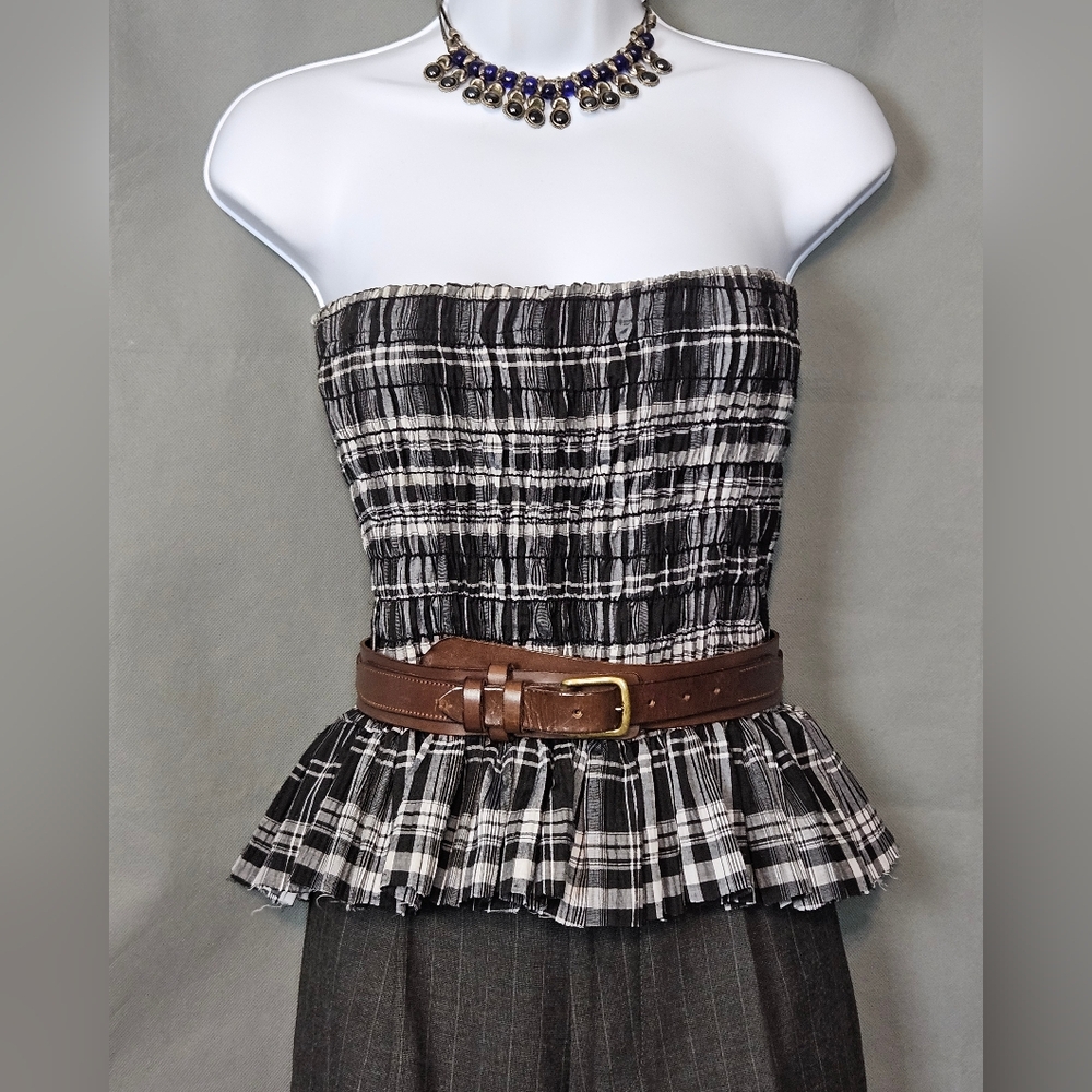 Upcycled vintage Plaid Strapless Peplum Blouse - Black and White